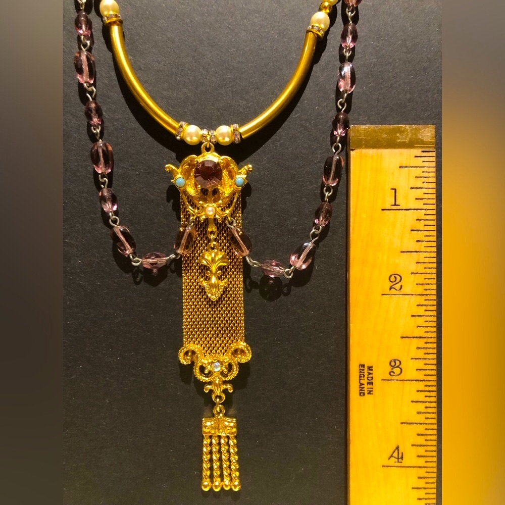 Handcrafted unique watch fob necklace Gold filled fob-amethyst, pearl turquoise - Picture 10 of 12
